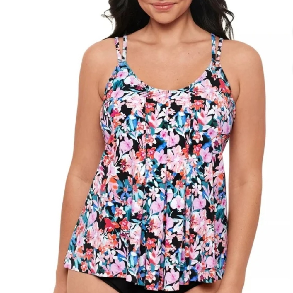 Swim Solutions Womens Blushing Pleated Tankini Top Swim Multi Color Size 10